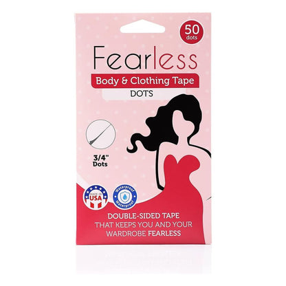 Packaging of Fearless® Body & Clothing Tape Dots, showing a silhouette of a woman in a dress and text indicating 50 dots, 3/4 inch size, and that the tape is double-sided. The packaging also features symbols indicating that the product is made in the USA.